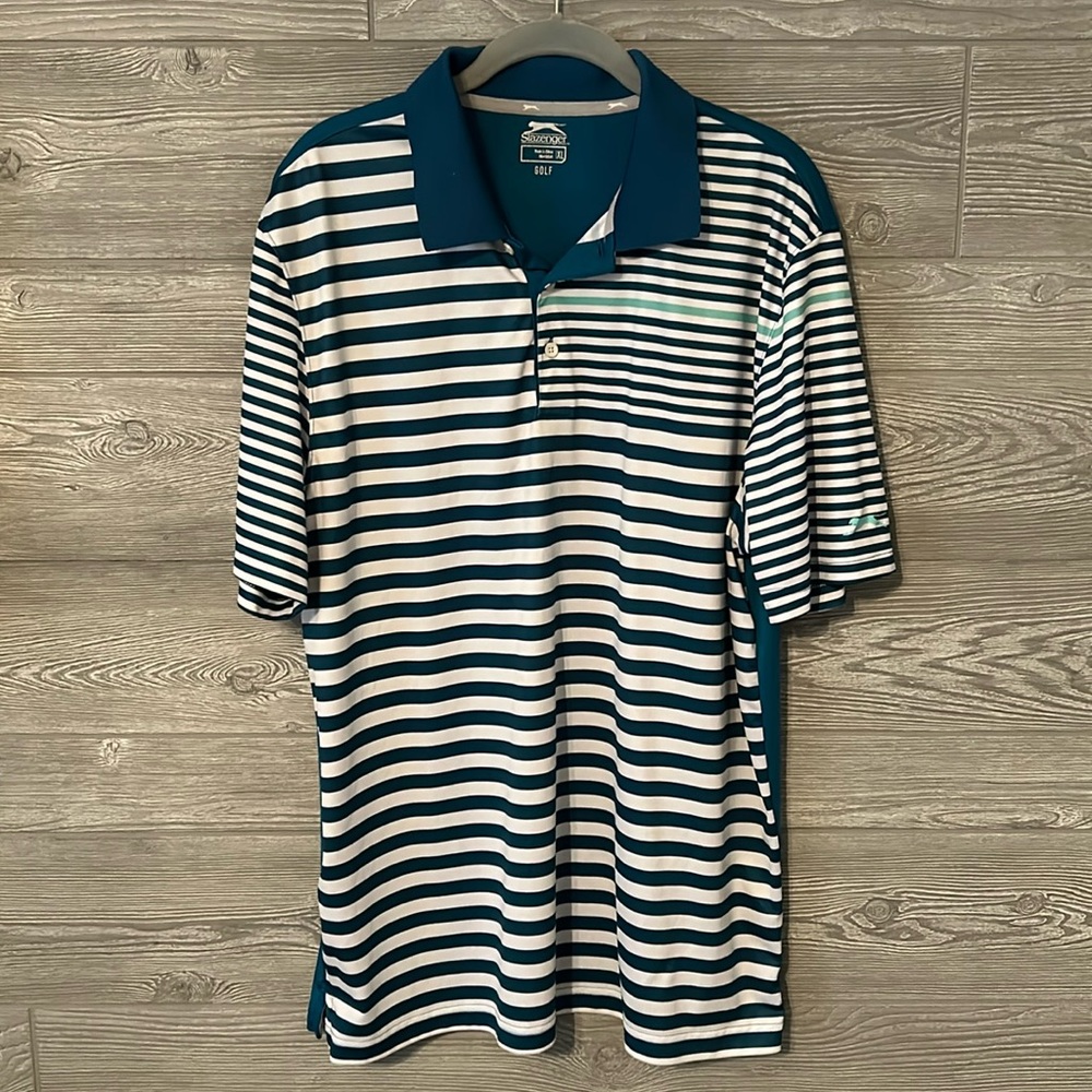 Slazenger Mens Golf Polo Shirt Teal White Stripe XL Short Sleeve Performance
